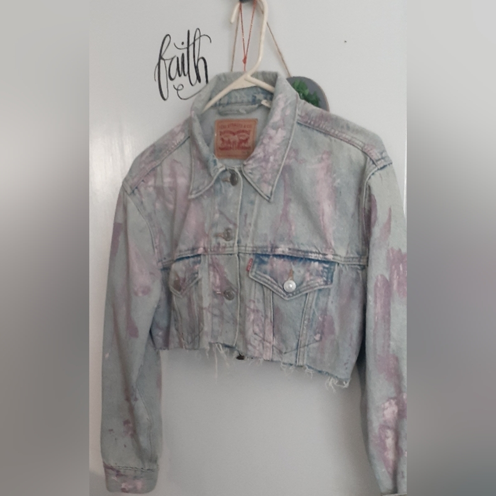 Levi's Distressed Pink and Blue Denim Jacket, cropped, distressed hem